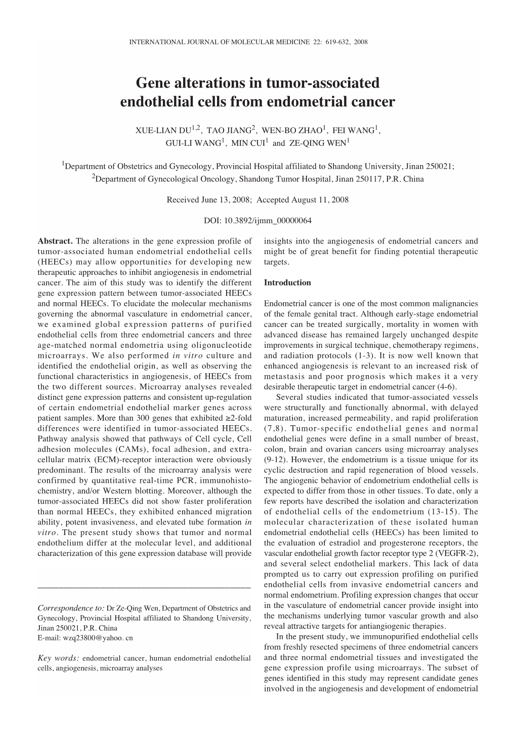 Gene Alterations in Tumor-Associated Endothelial Cells from Endometrial Cancer