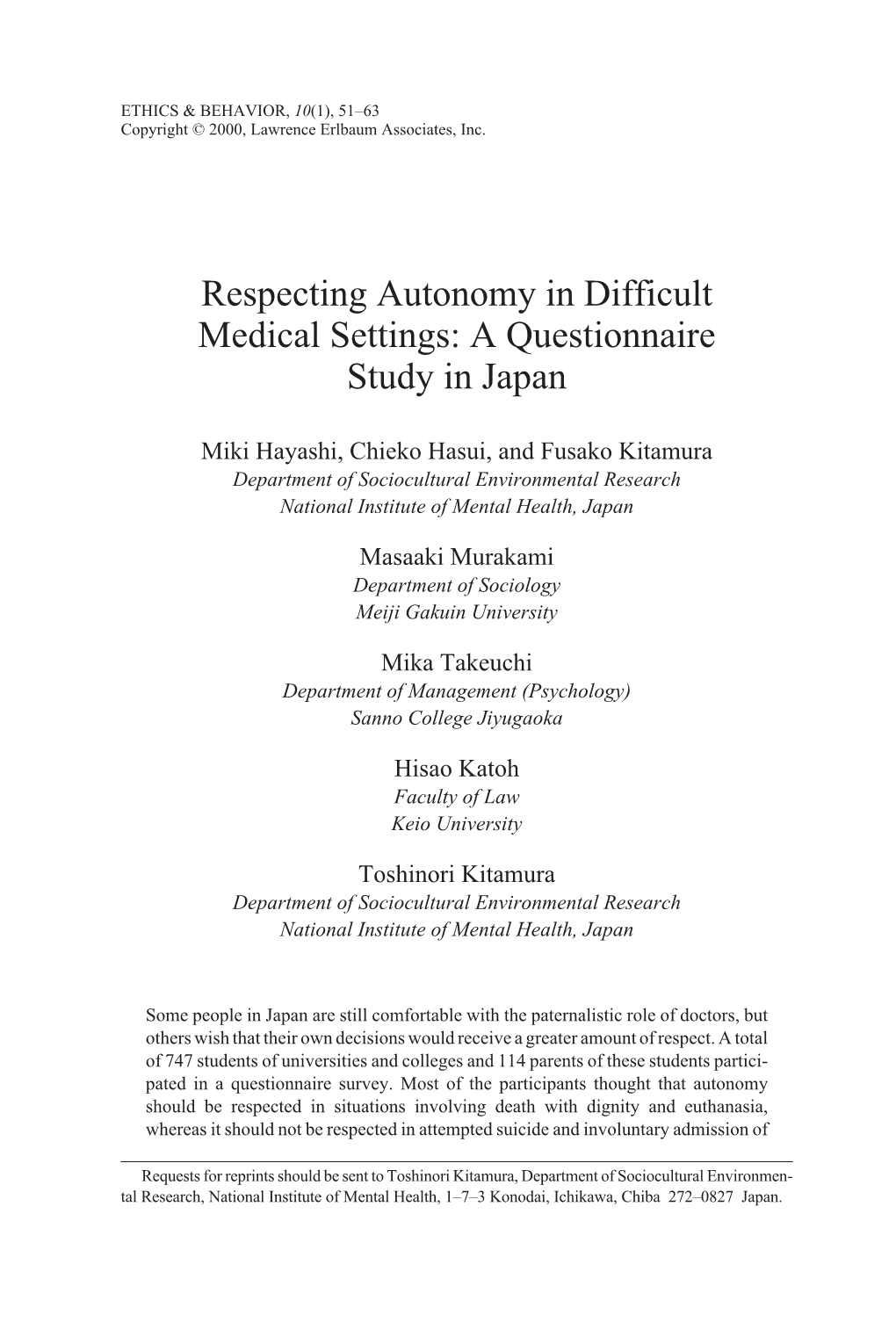 Respecting Autonomy in Difficult Medical Settings: a Questionnaire Study in Japan