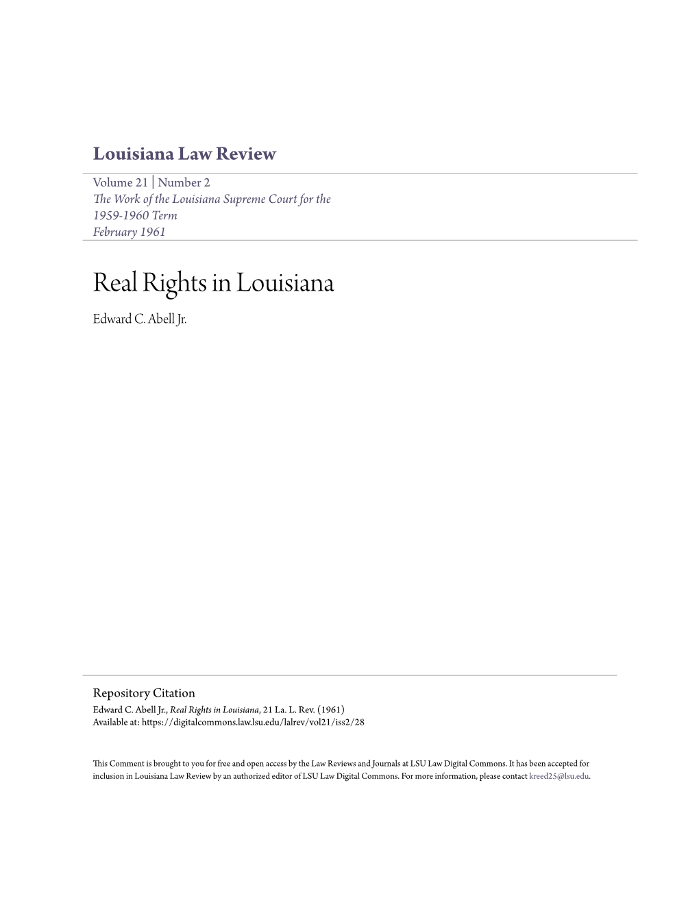Real Rights in Louisiana Edward C