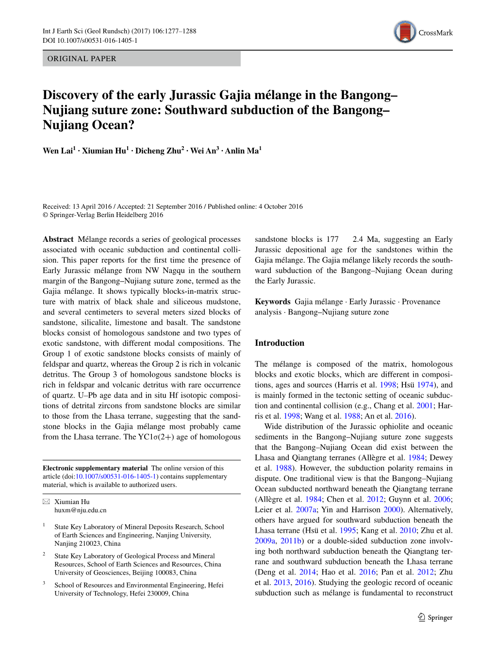 Discovery of the Early Jurassic Gajia Mélange in the Bangong–Nujiang