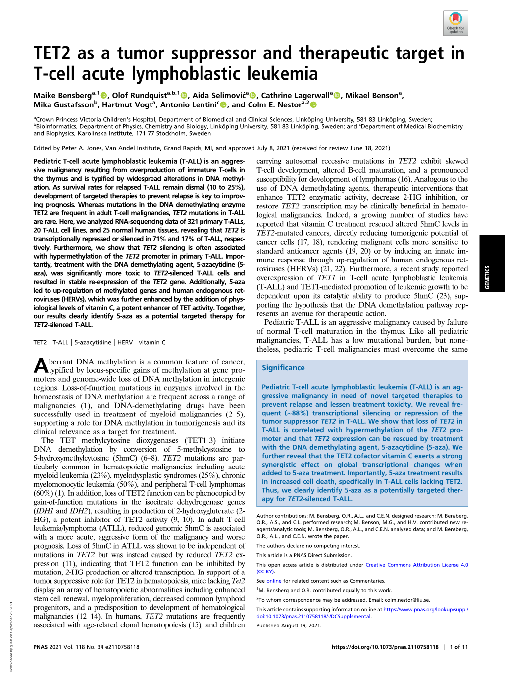 TET2 As a Tumor Suppressor and Therapeutic Target in T-Cell Acute Lymphoblastic Leukemia