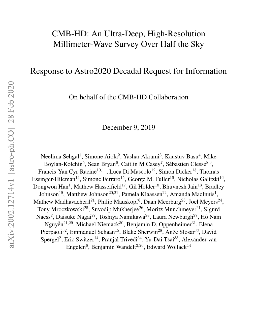 CMB-HD: an Ultra-Deep, High-Resolution Millimeter-Wave Survey Over Half the Sky Response to Astro2020 Decadal Request for Inform