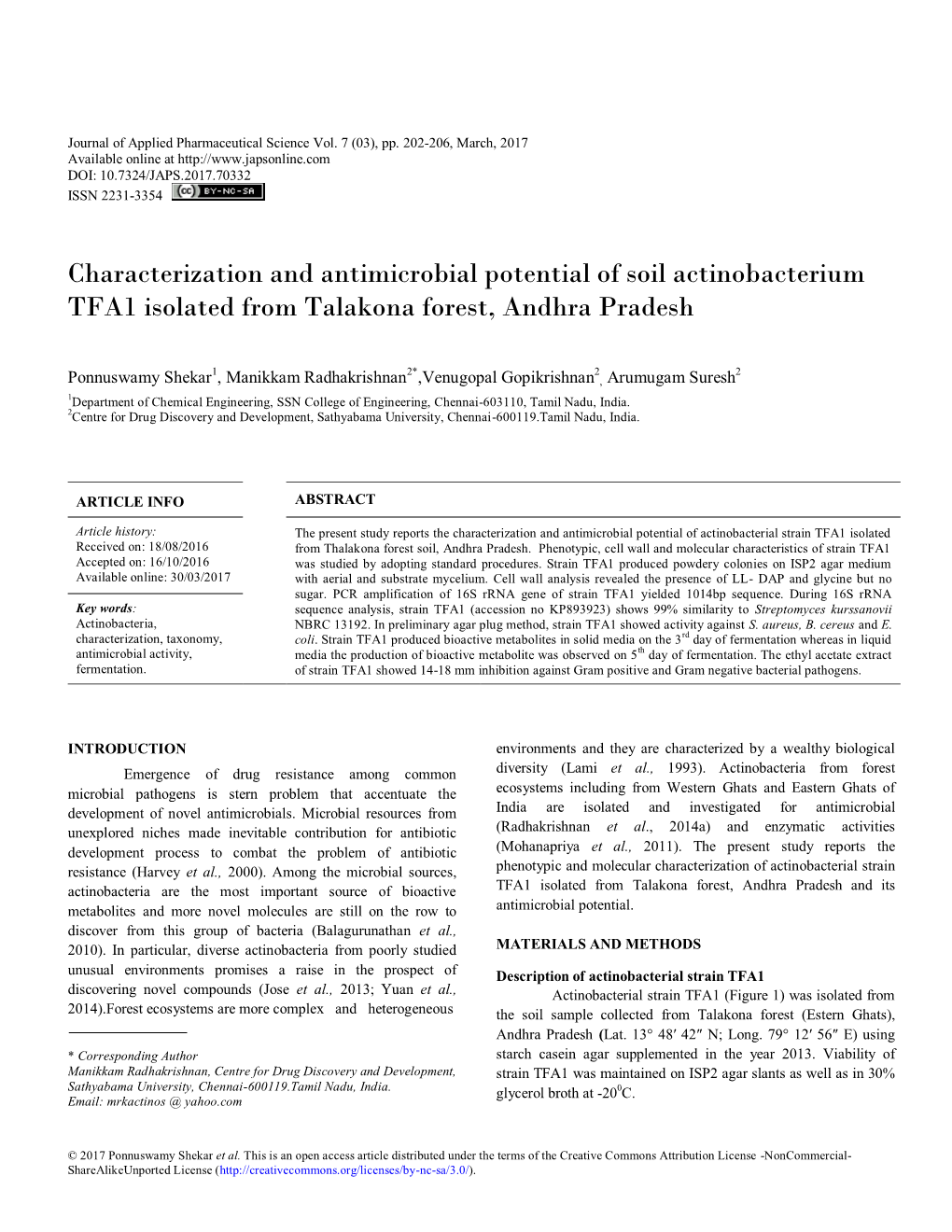 Characterization and Antimicrobial Potential of Soil Actinobacterium TFA1 Isolated from Talakona Forest, Andhra Pradesh