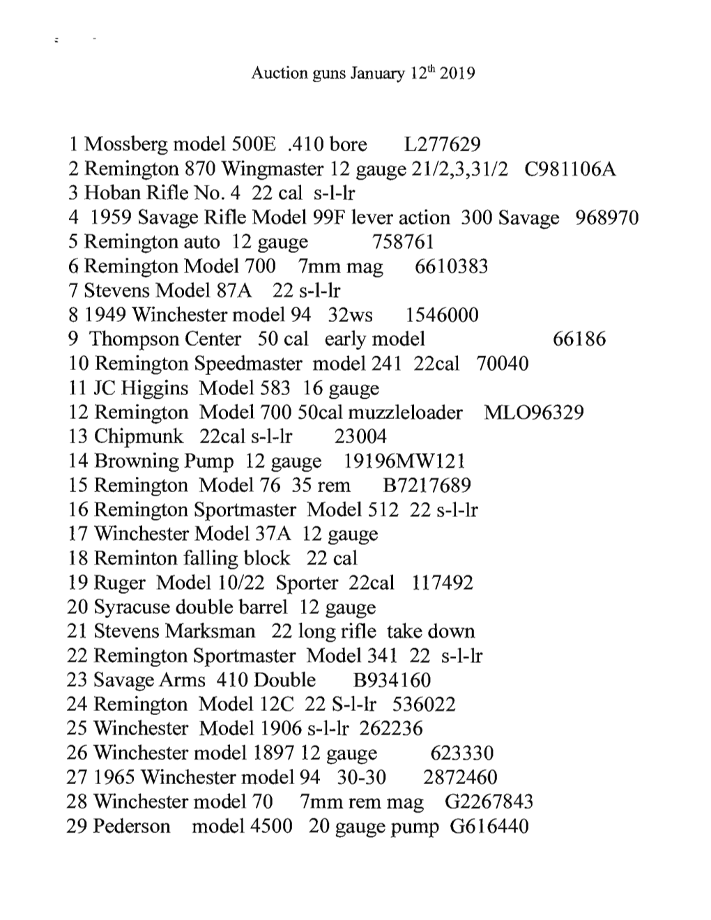 1 Mossberg Model 500E .410 Bore L277629 2 Remington 870 Wingmaster 12 Gauge 21 /2,3,31/2 C981106A 3 Hoban Rifle No