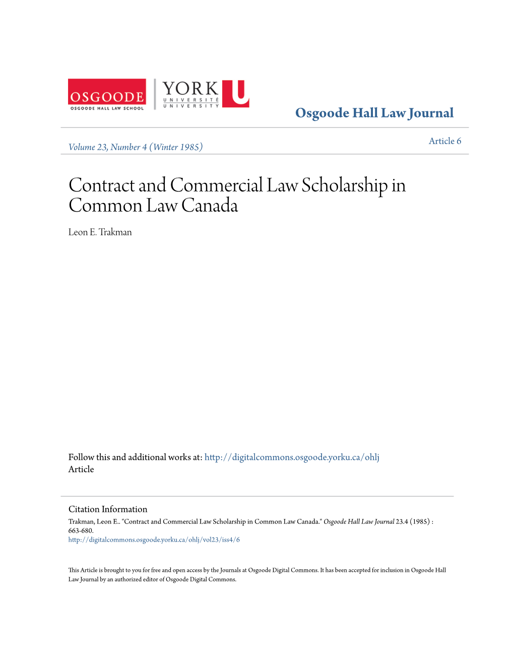 Contract and Commercial Law Scholarship in Common Law Canada Leon E