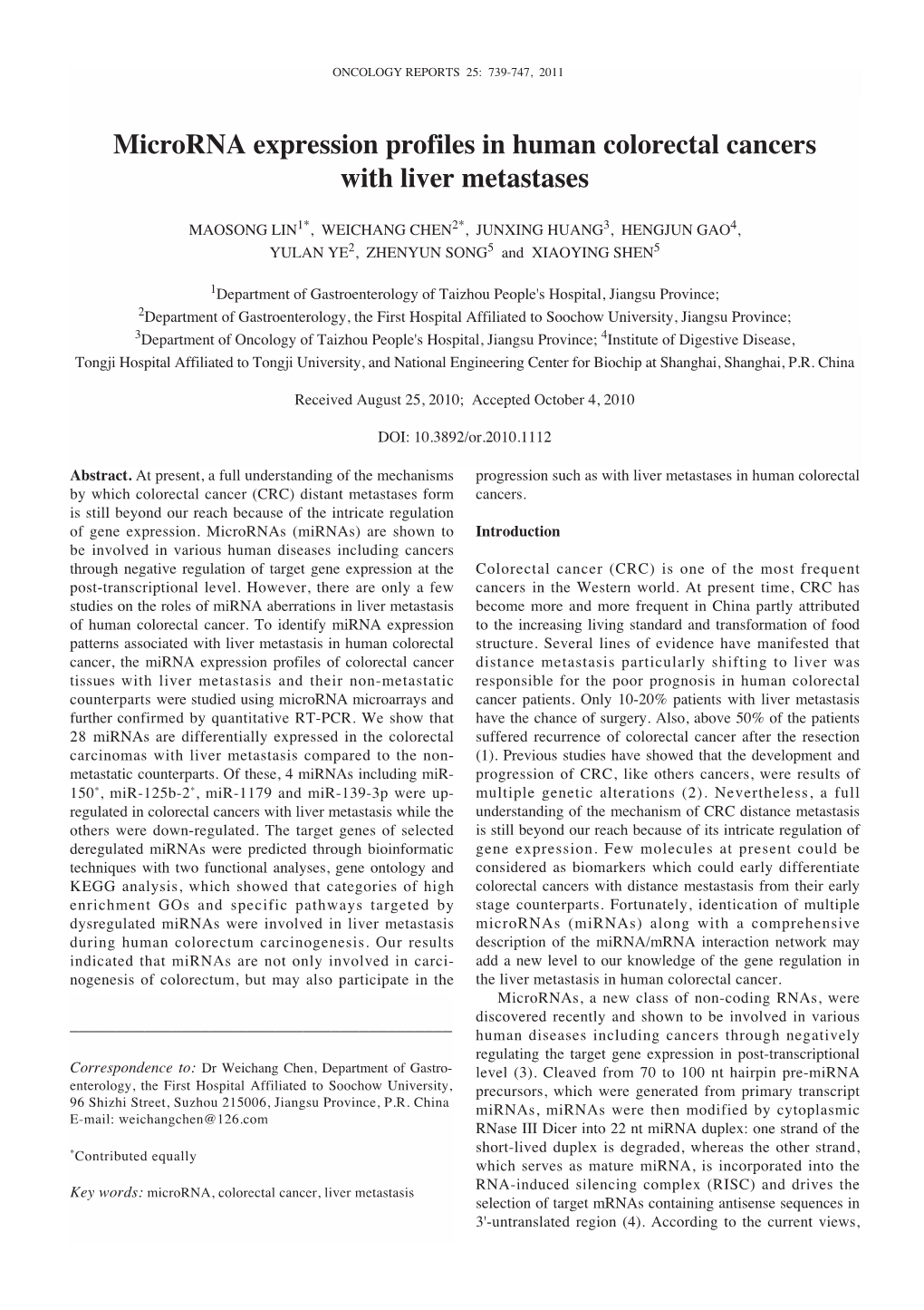 Microrna Expression Profiles in Human Colorectal Cancers with Liver Metastases