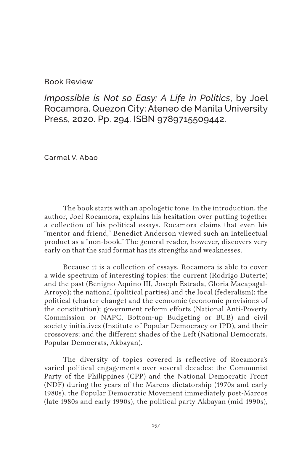 A Life in Politics, by Joel Rocamora. Quezon City: Ateneo De Manila University Press, 2020