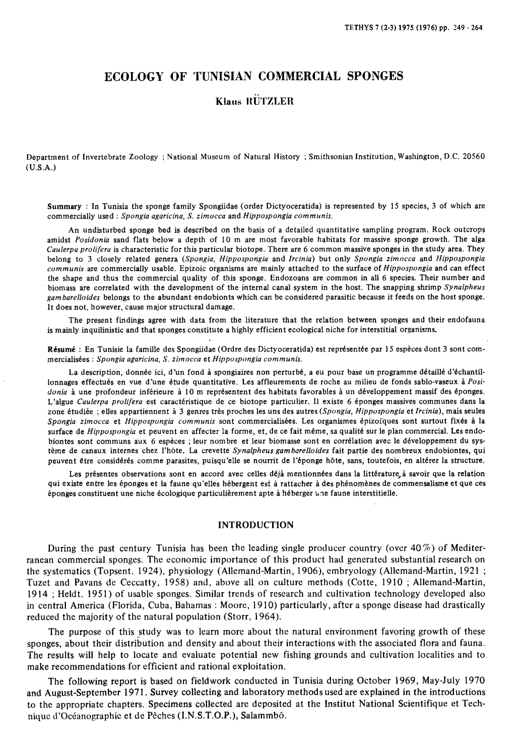 Ecology of Tunisian Commercial Sponges