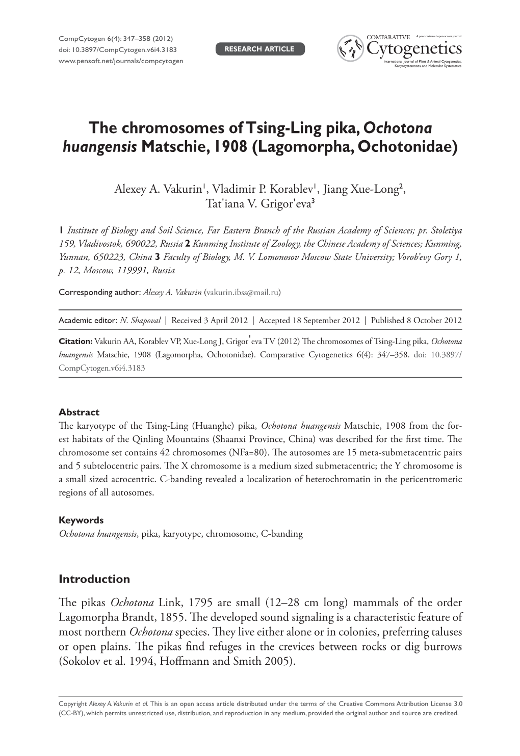 (Lagomorpha, Ochotonidae) Cytogenetics
