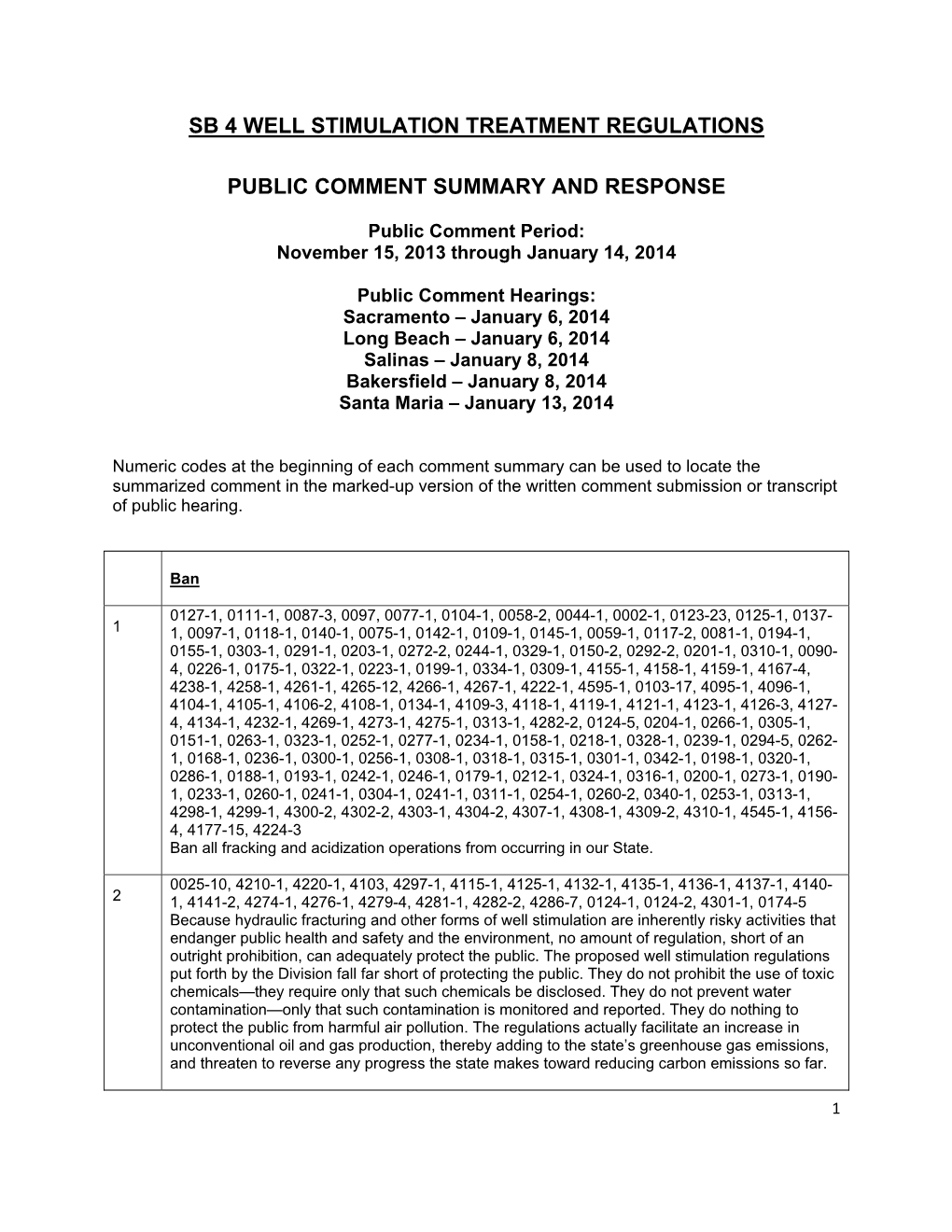 Sb 4 Well Stimulation Treatment Regulations Public Comment Summary and Response