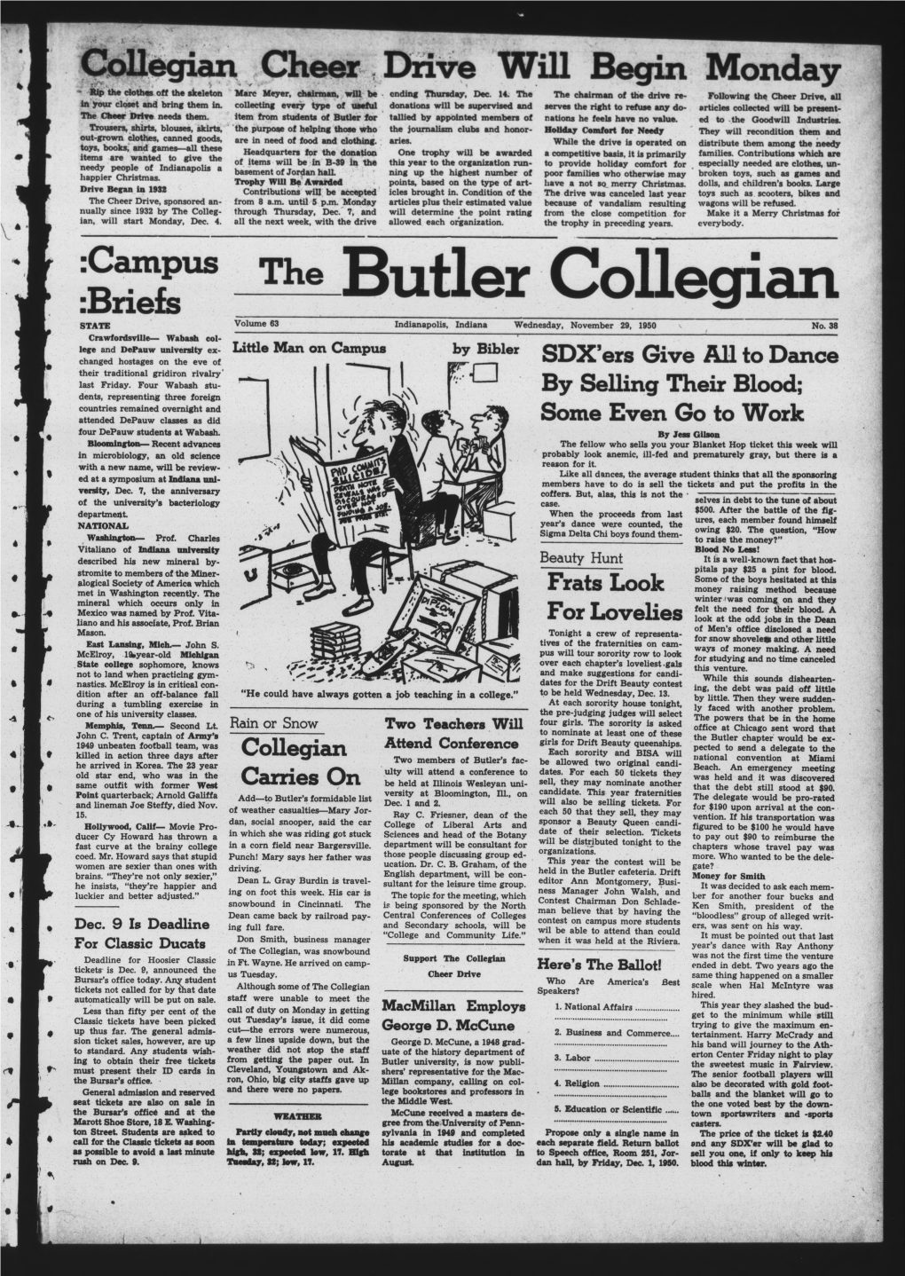 The Butler Collegian STATE Volume 63 Indianapolis, Indiana Wednesday, November 29, 1950 No