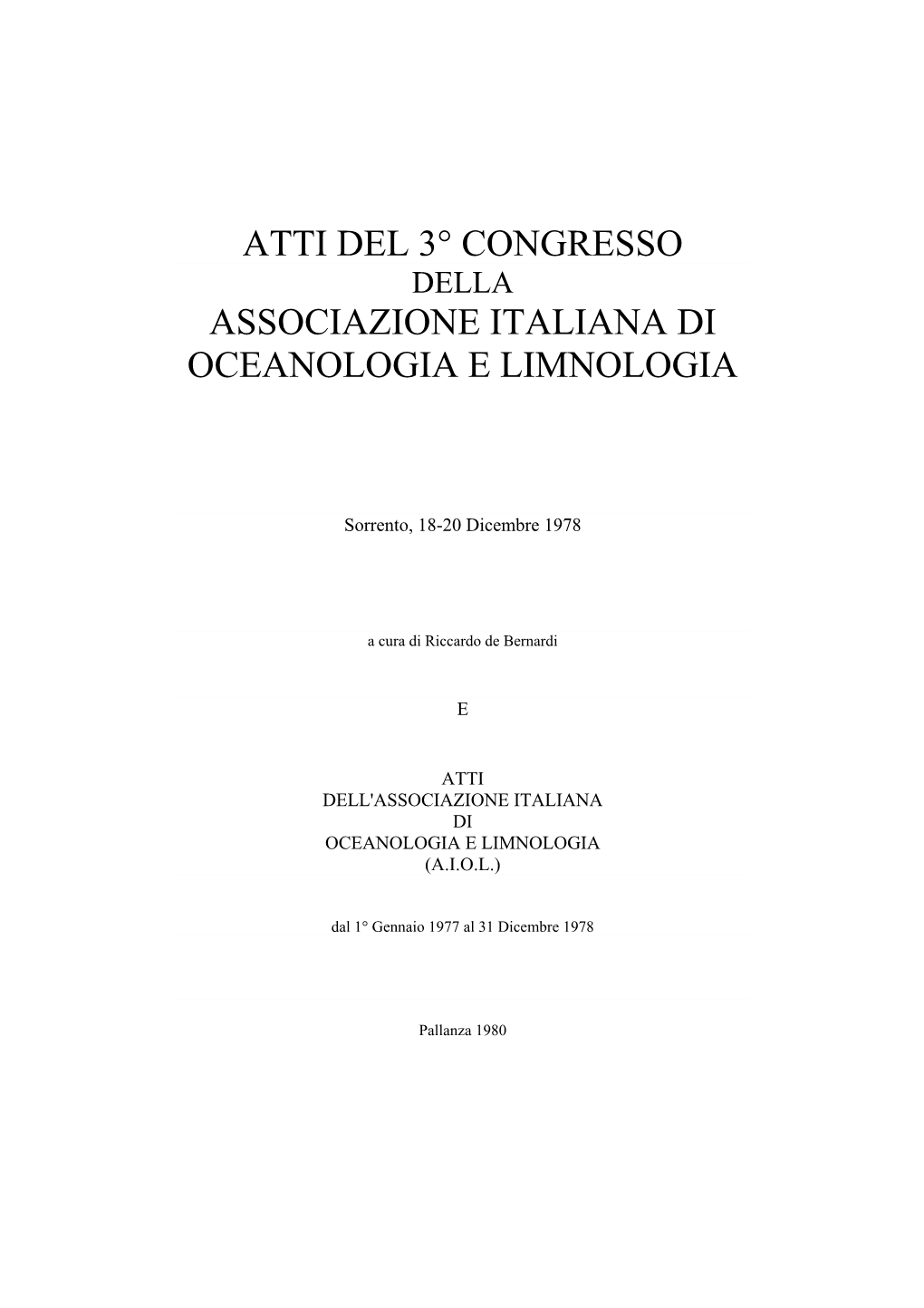 Atti Del 3° Congresso Della Associazione Italiana Di Oceanologia E Limnologia