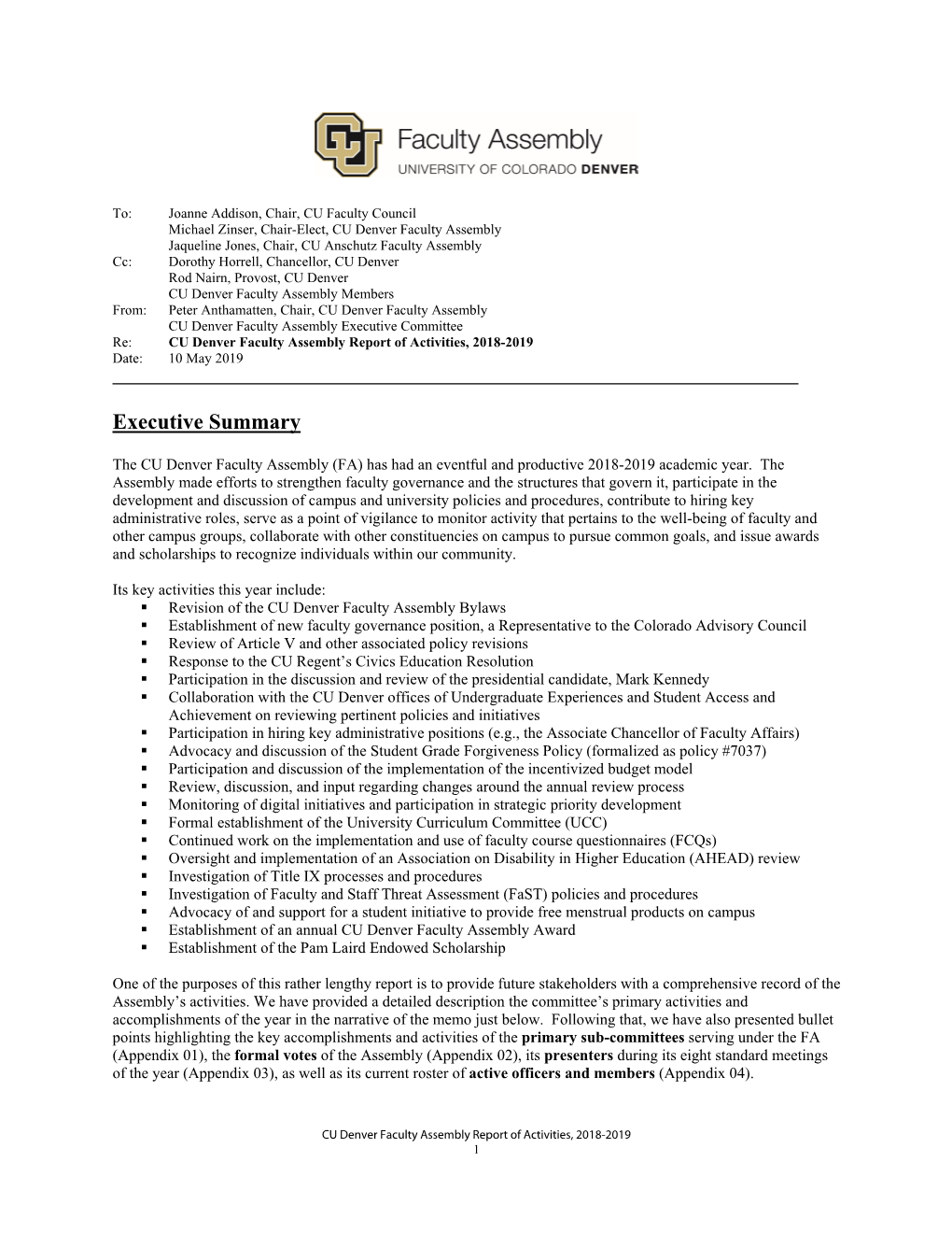 CU Denver Faculty Assembly Motions and Votes (2018-2019 Academic Year; Excluding Votes to Approve Minutes)