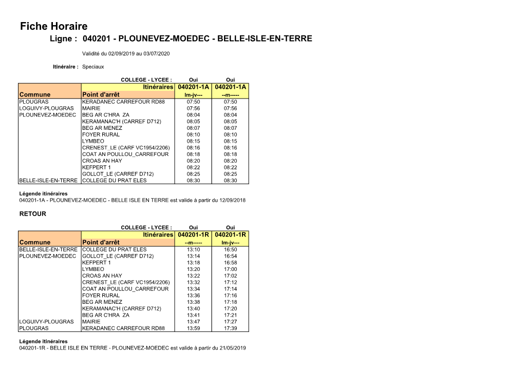 Fiche Horaire Ligne : 040201 - PLOUNEVEZ-MOEDEC - BELLE-ISLE-EN-TERRE