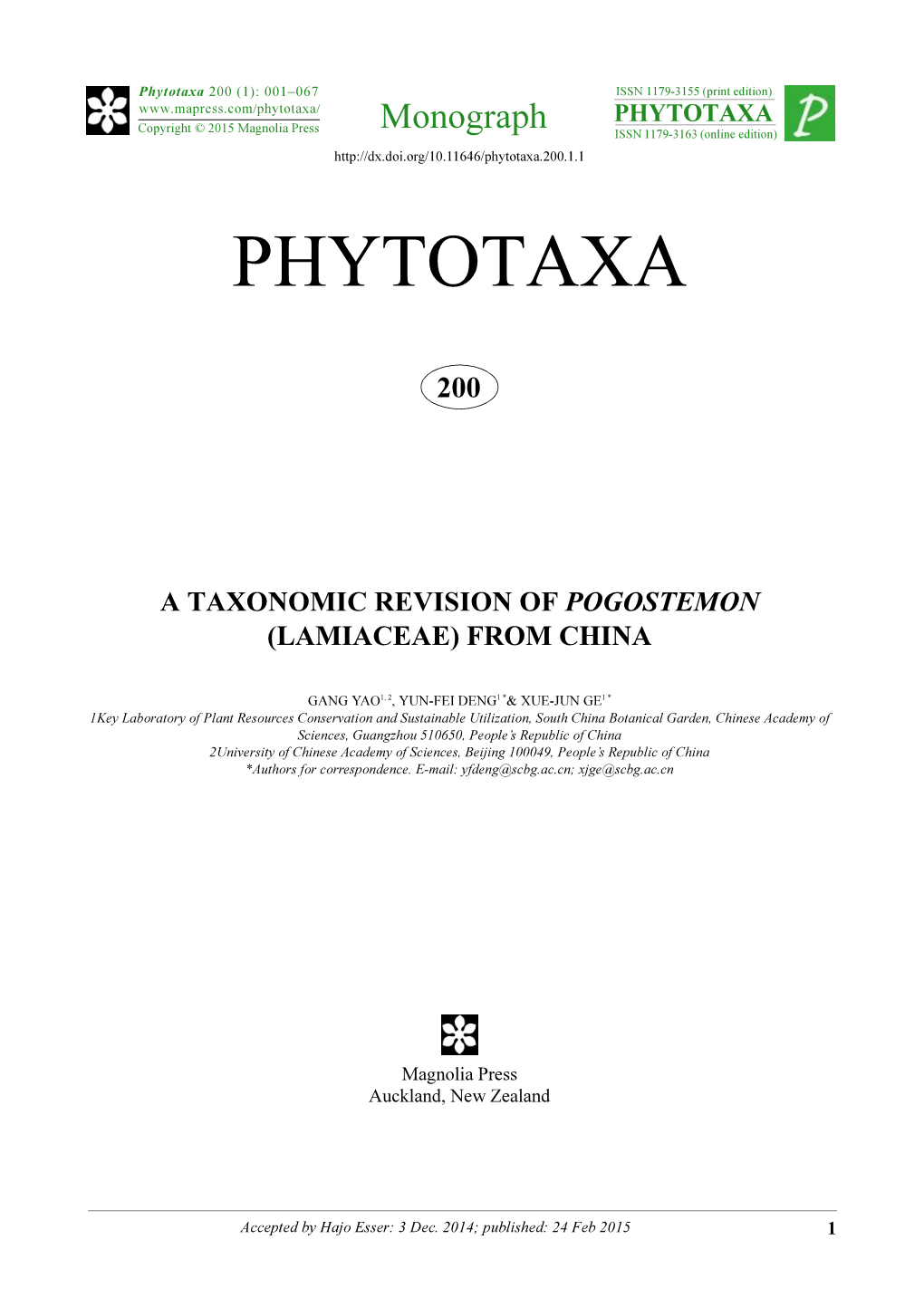 A Taxonomic Revision of Pogostemon (Lamiaceae) from China