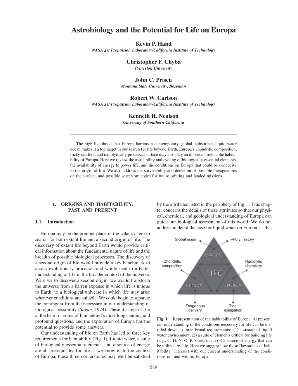 Astrobiology and the Potential for Life on Europa, Hand Et