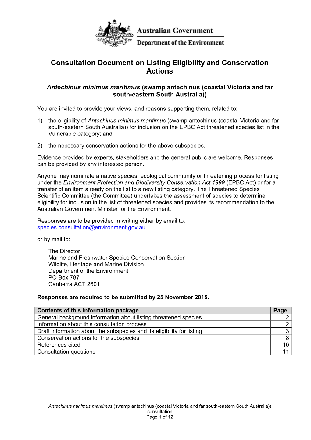 Consultation Document on Listing Eligibility and Conservation Actions