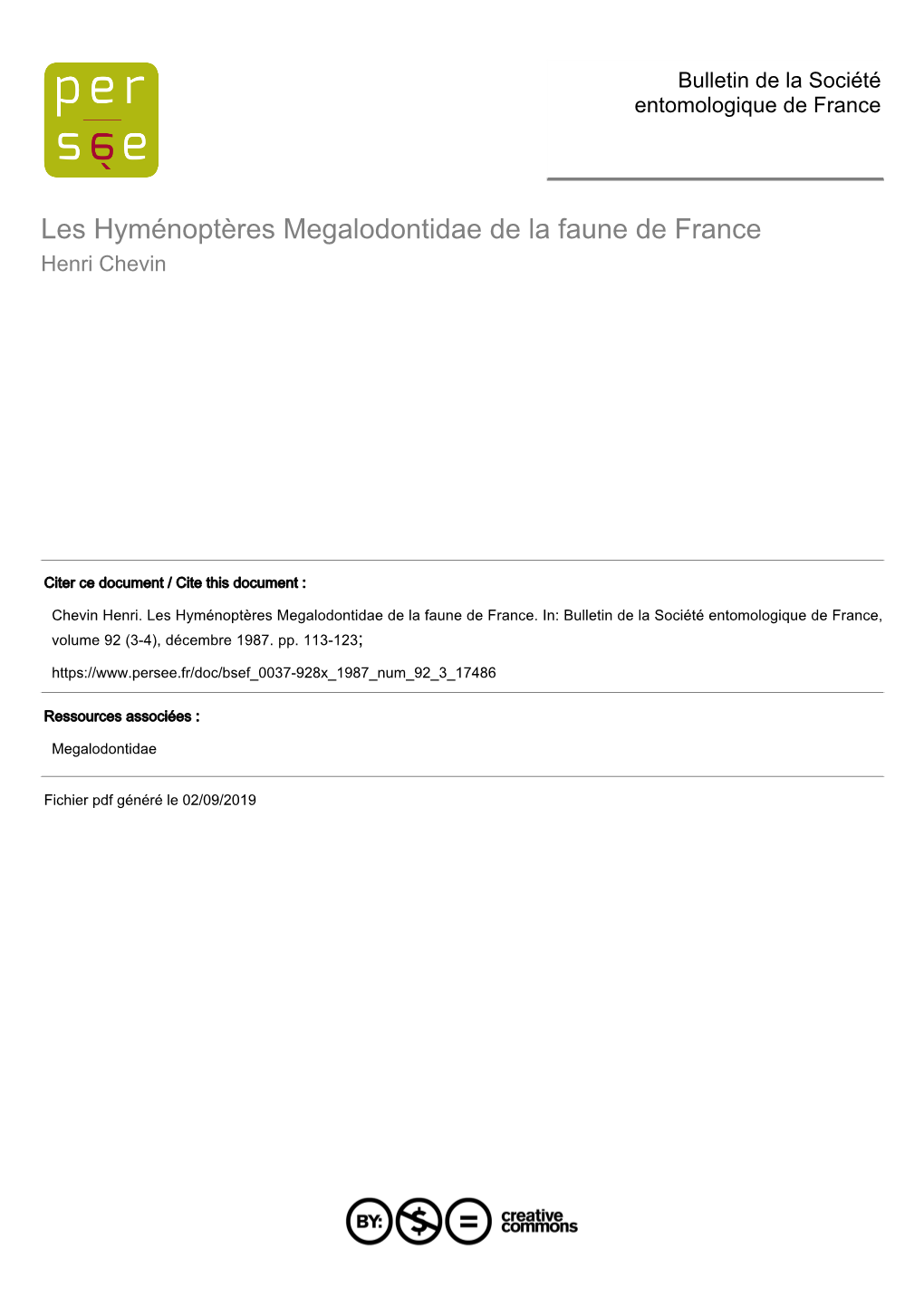 Les Hyménoptères Megalodontidae De La Faune De France Henri Chevin