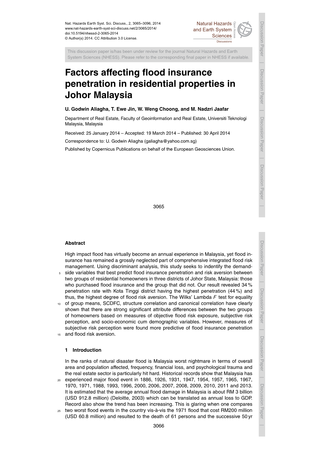 Factors Affecting Flood Insurance Penetration in Residential Properties
