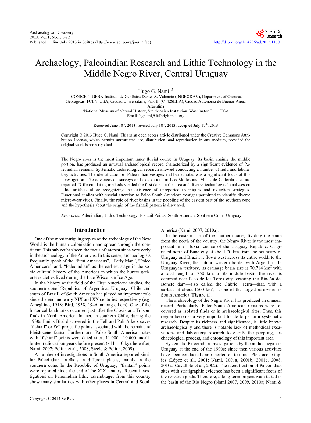 Archaelogy, Paleoindian Research and Lithic Technology in the Middle Negro River, Central Uruguay