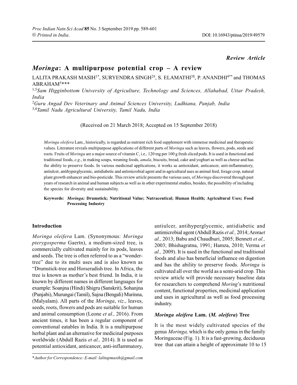 Moringa: a Multipurpose Potential Crop – a Review LALITA PRAKASH MASIH1*, SURYENDRA SINGH2#, S