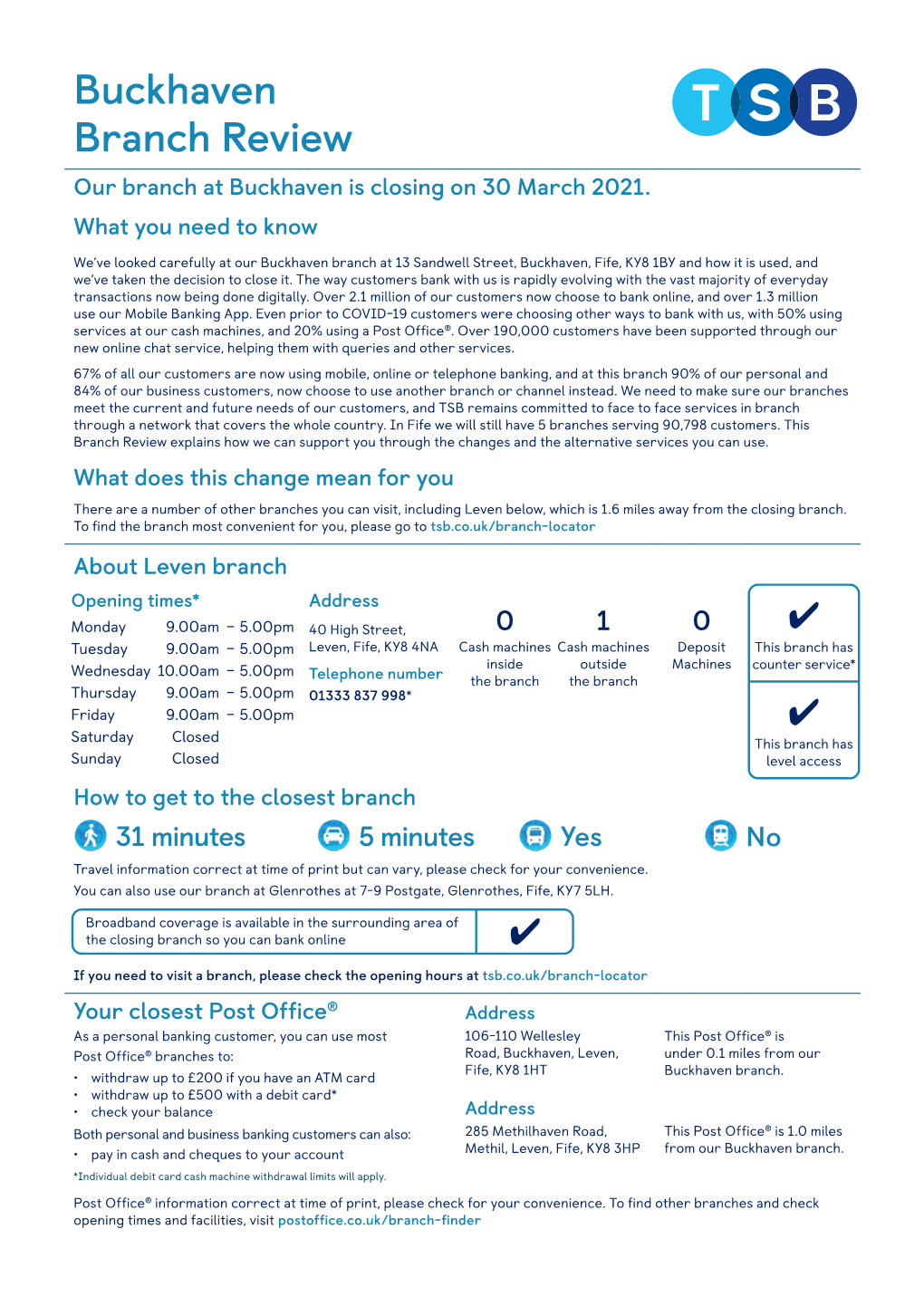 Buckhaven Branch Review Our Branch at Buckhaven Is Closing on 30 March 2021