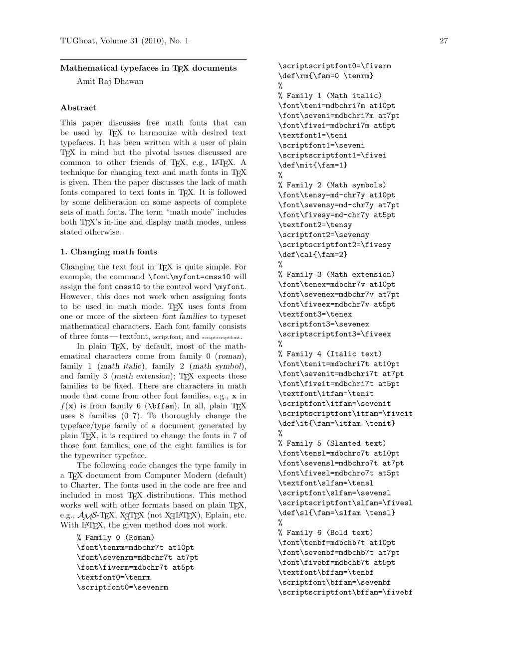 Mathematical Typefaces in TEX Documents Amit Raj Dhawan