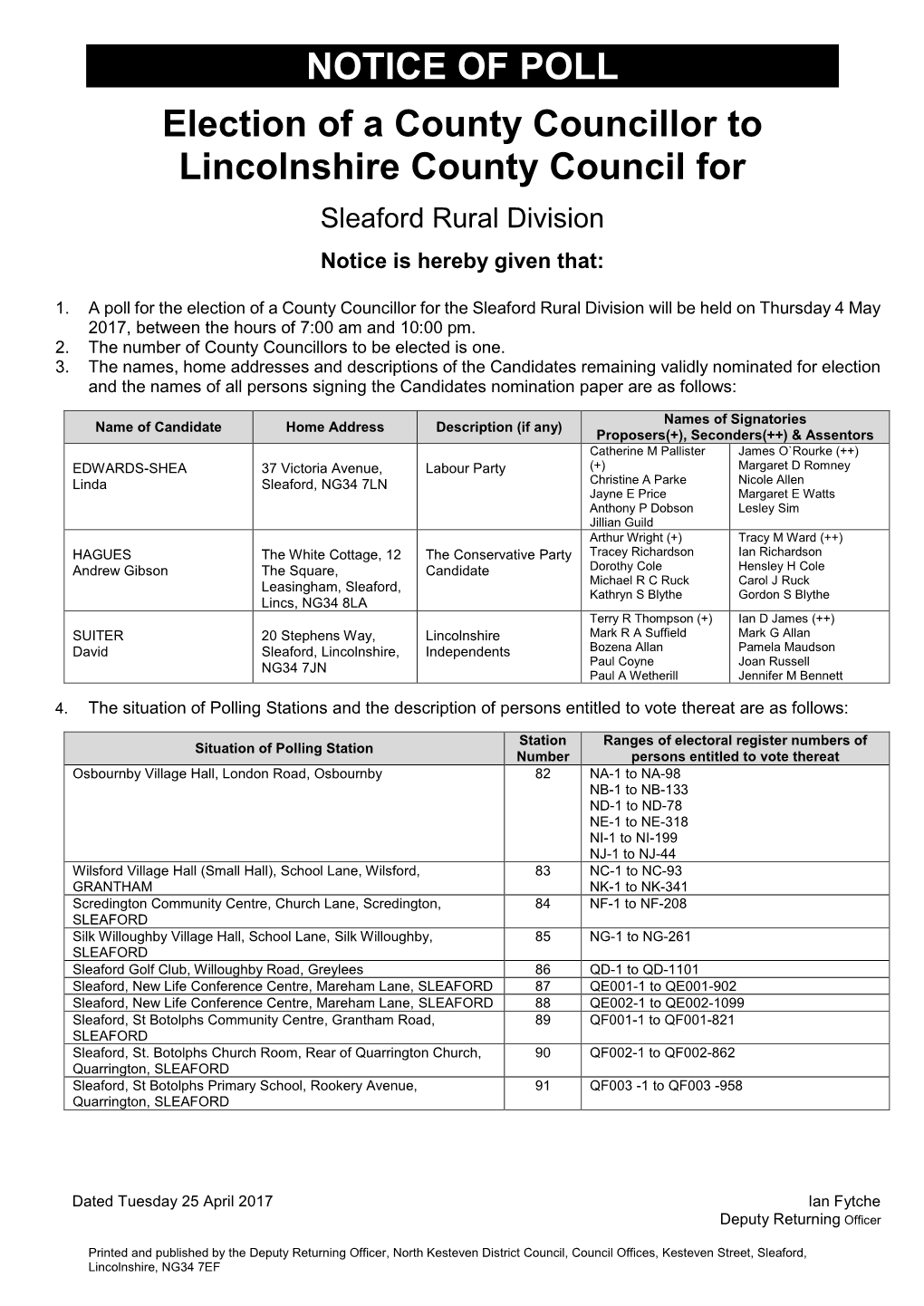 Notice of Poll Sleaford Rural