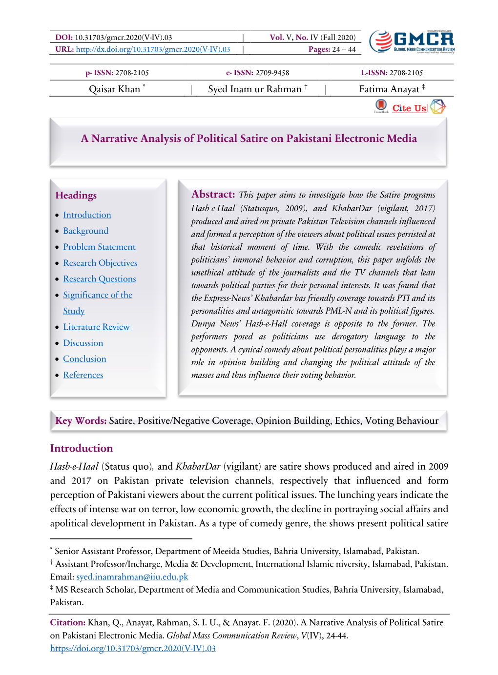 A Narrative Analysis of Political Satire on Pakistani Electronic Media Introduction