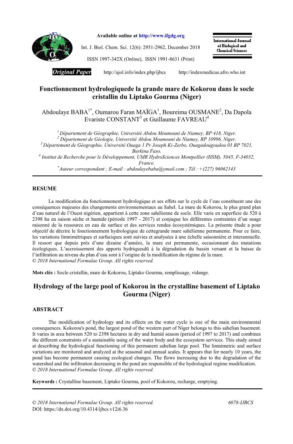 Fonctionnement Hydrologiquede La Grande Mare De Kokorou Dans Le Socle Cristallin Du Liptako Gourma (Niger) Hydrology of the Larg