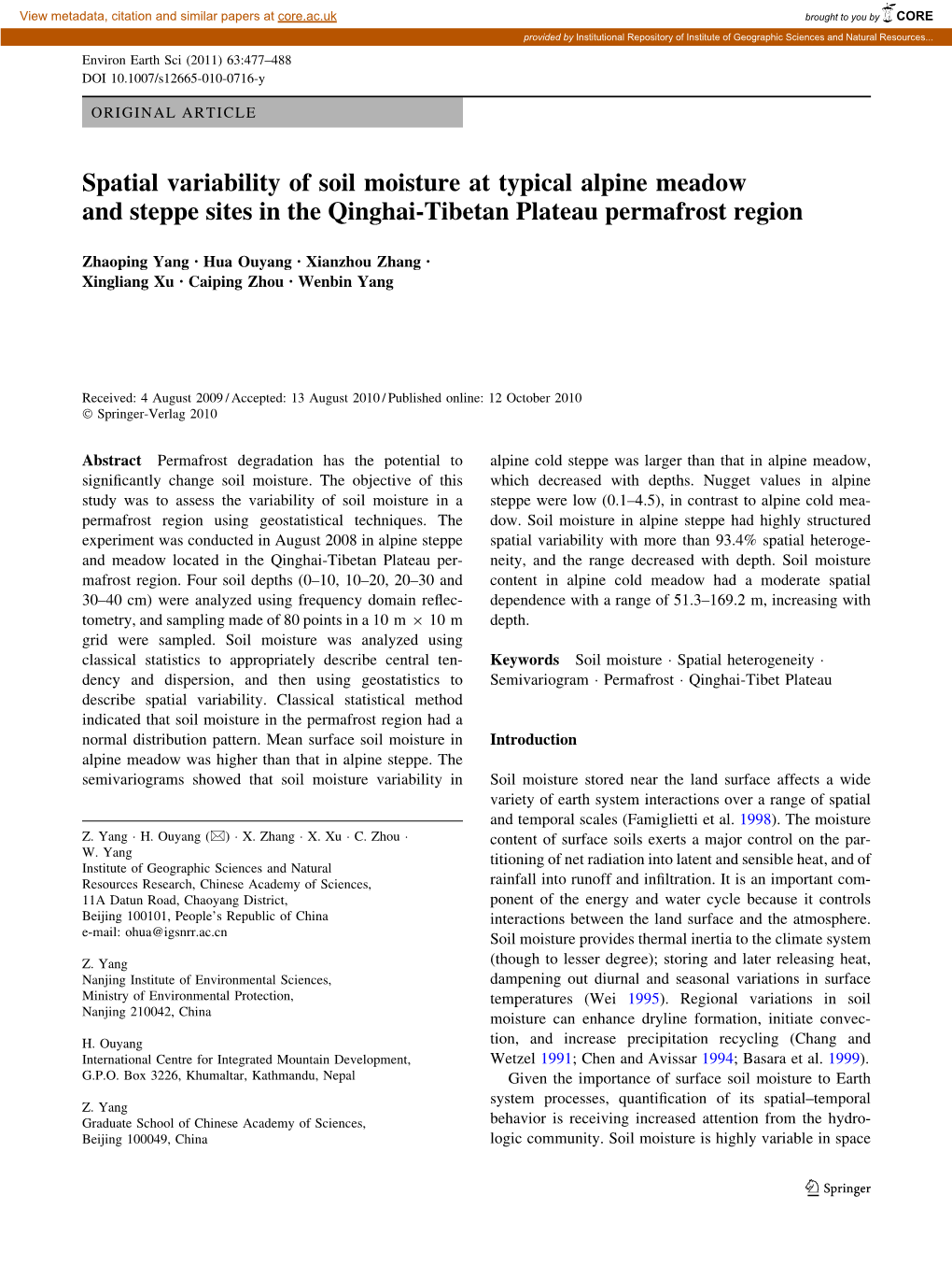 Spatial Variability of Soil Moisture at Typical Alpine Meadow and Steppe Sites in the Qinghai-Tibetan Plateau Permafrost Region