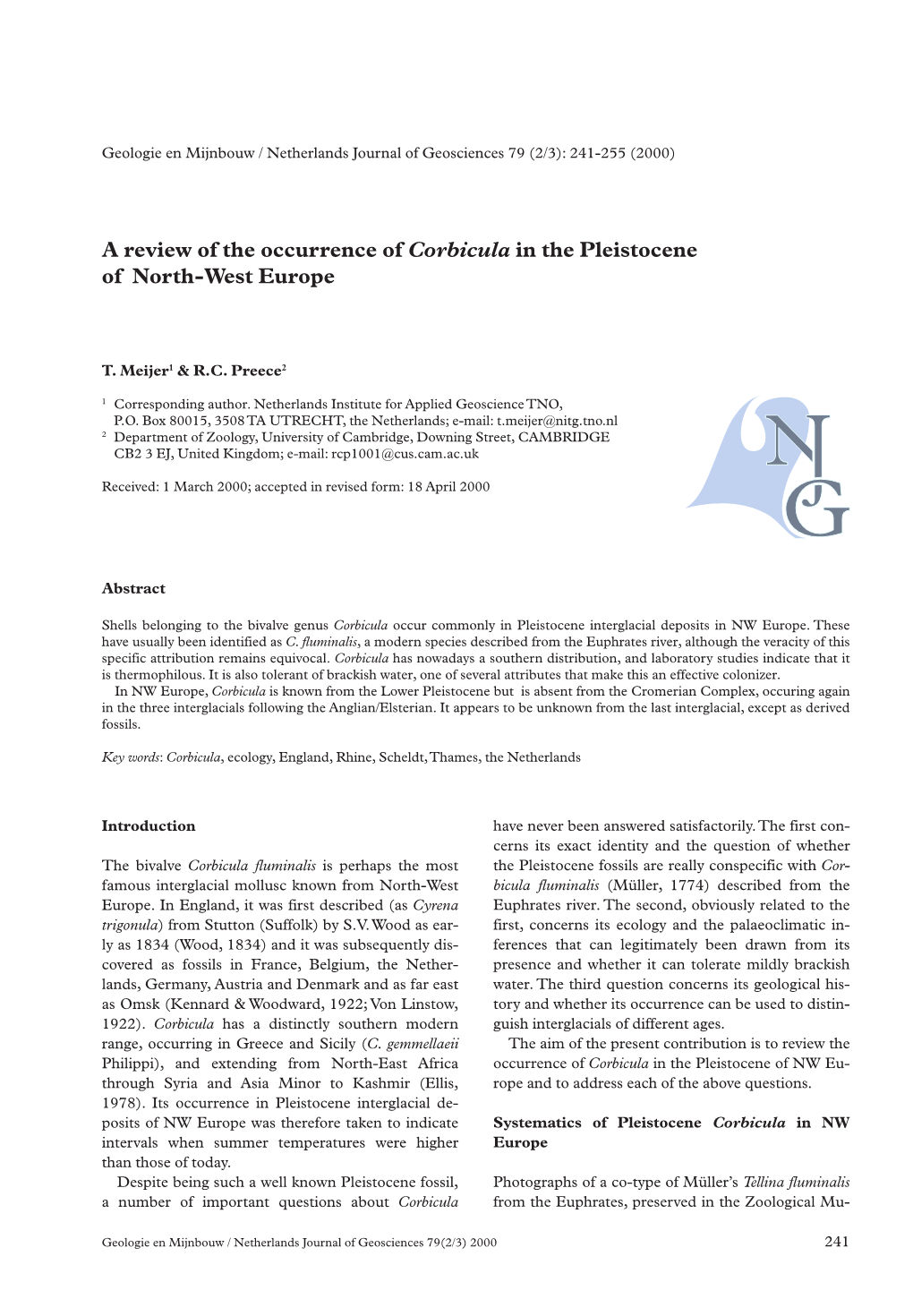 A Review of the Occurrence of Corbicula in the Pleistocene of North-West Europe