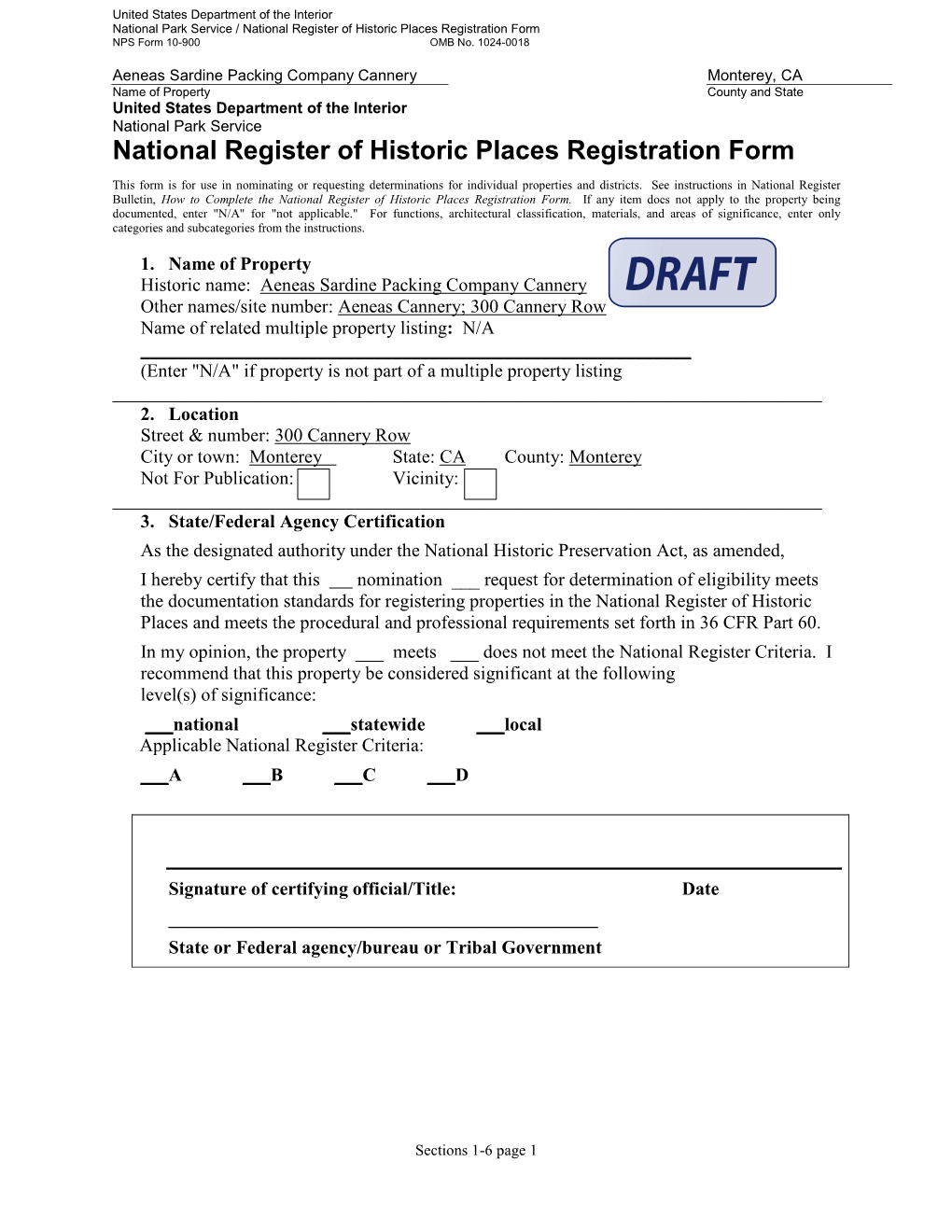 United States Department of the Interior National Park Service / National Register of Historic Places Registration Form NPS Form 10-900 OMB No