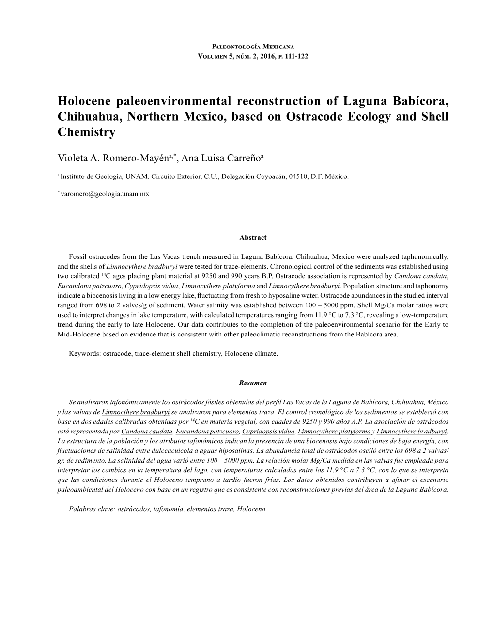 Holocene Paleoenvironmental Reconstruction of Laguna Babícora 111 Paleontología Mexicana Volumen 5, Núm