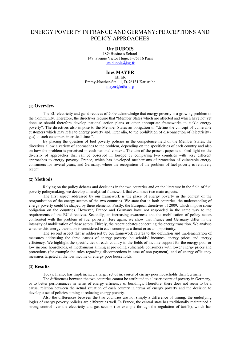 Energy Poverty in France and Germany: Perceptions and Policy Approaches