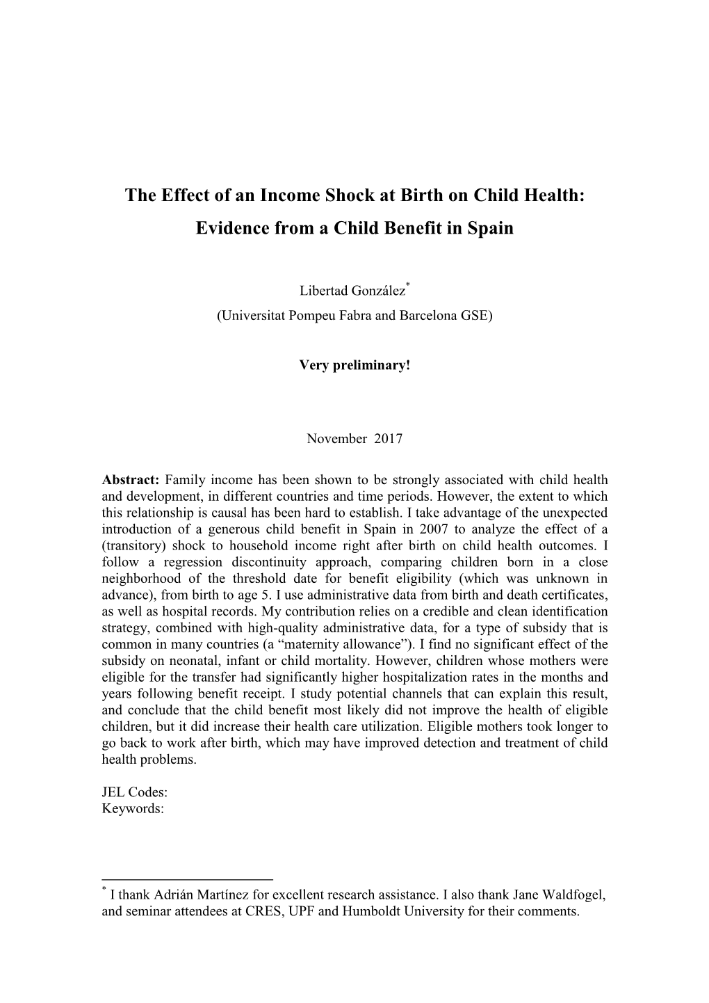 The Effect of an Income Shock at Birth on Child Health: Evidence from a Child Benefit in Spain