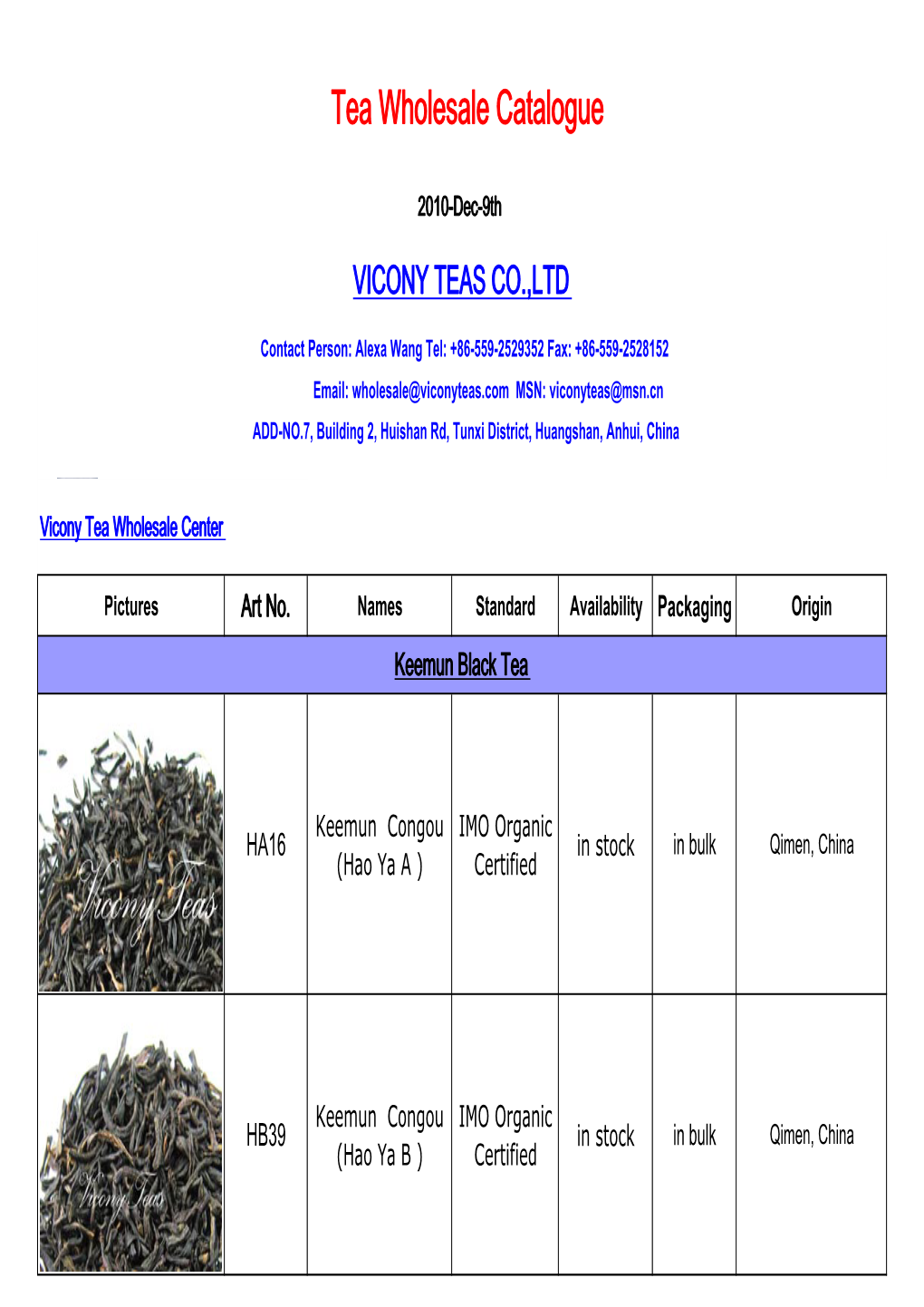 Tea Wholesale Catalogue