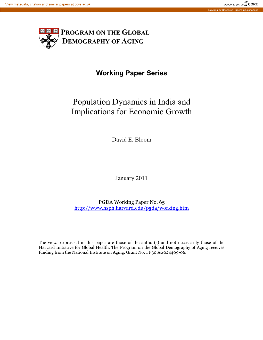 Population Dynamics in India and Implications for Economic Growth