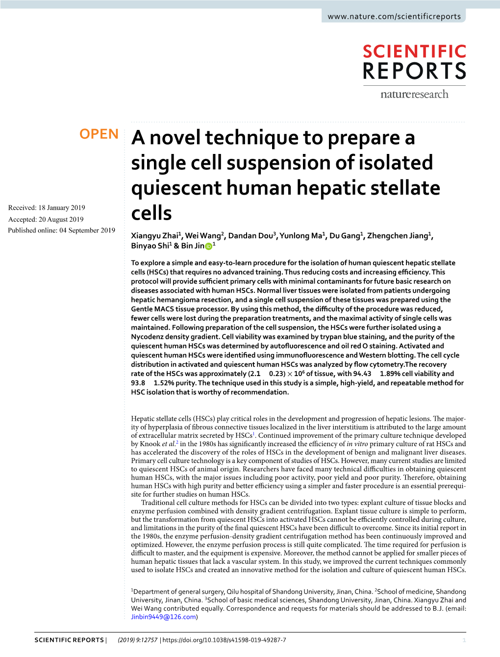 A Novel Technique to Prepare a Single Cell Suspension of Isolated Quiescent Human Hepatic Stellate Cells