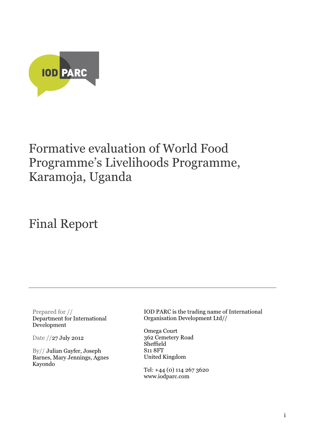 Formative Evaluation of World Food Programme's Livelihoods