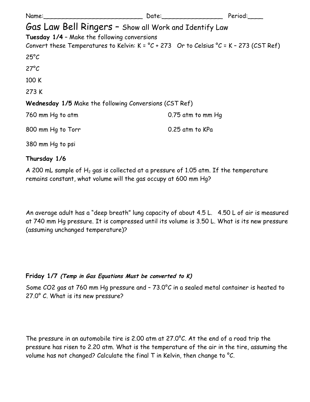 Gas Law Worksheet 1