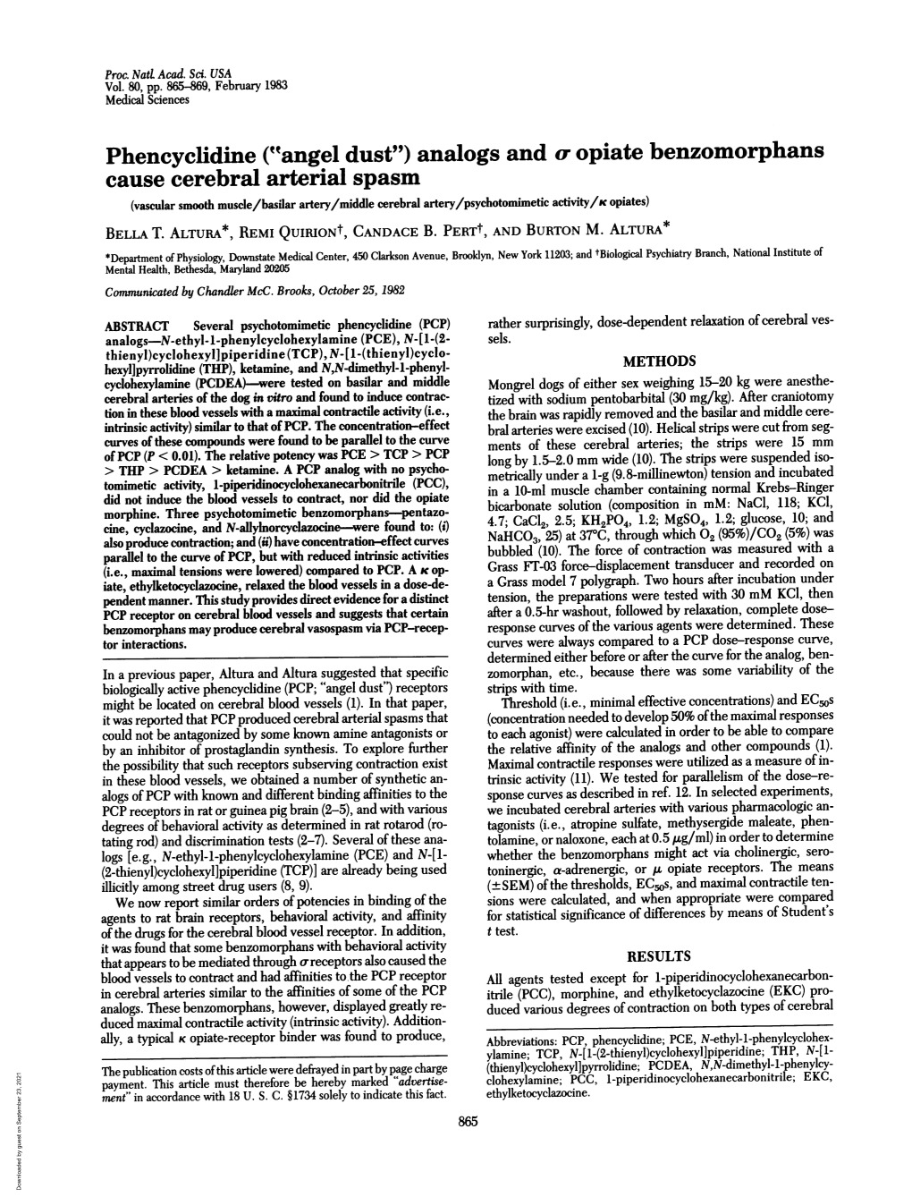 Cause Cerebral Arterial Spasm (Vascular Smooth Muscle/Basilar Artery/Middle Cerebral Artery/Psychotomimetic Activity/K Opiates) BELLA T