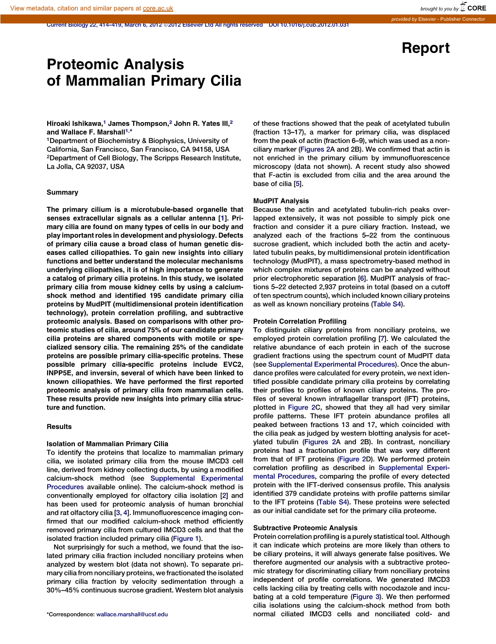 Proteomic Analysis of Mammalian Primary Cilia