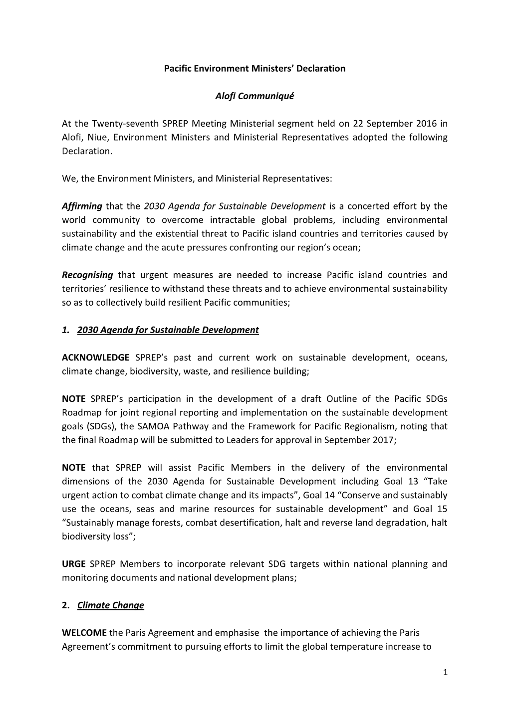 Pacific Environment Ministers' Declaration Alofi Communiqué at the Twenty-Seventh SPREP Meeting Ministerial Segment Held on 2