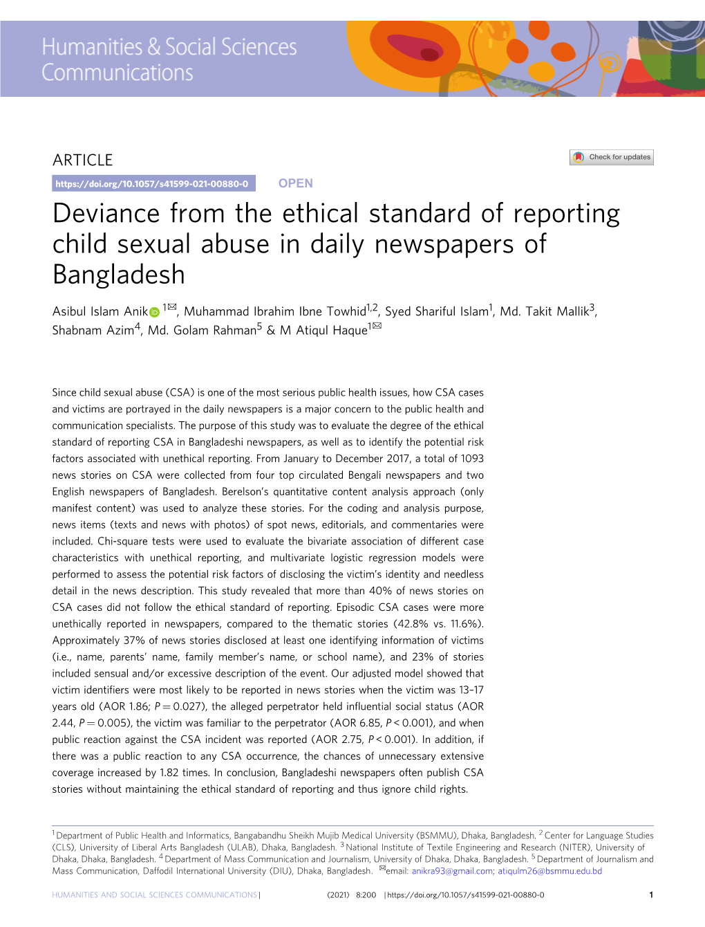 Deviance from the Ethical Standard of Reporting Child Sexual Abuse In