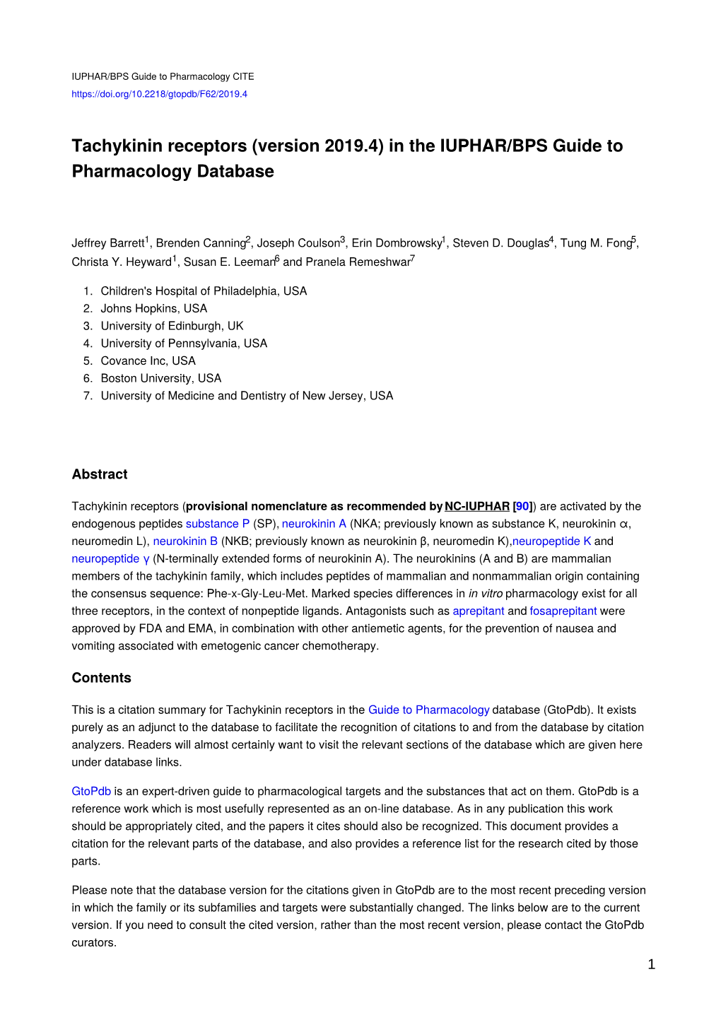 Tachykinin Receptors (Version 2019.4) in the IUPHAR/BPS Guide to Pharmacology Database