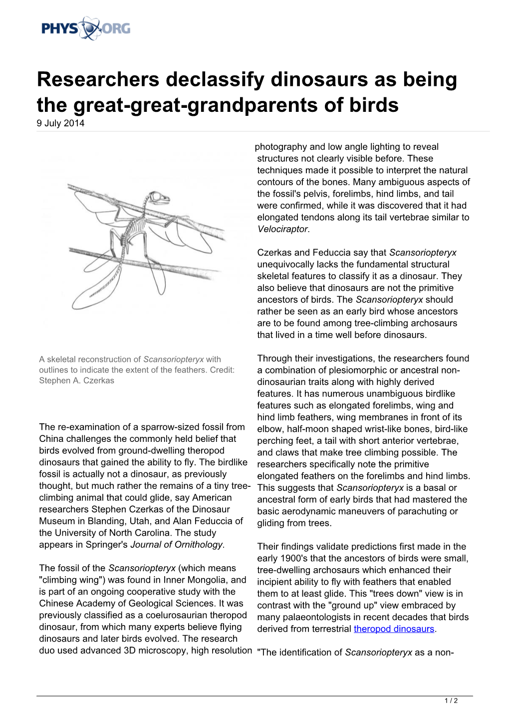 Researchers Declassify Dinosaurs As Being the Great-Great-Grandparents of Birds 9 July 2014