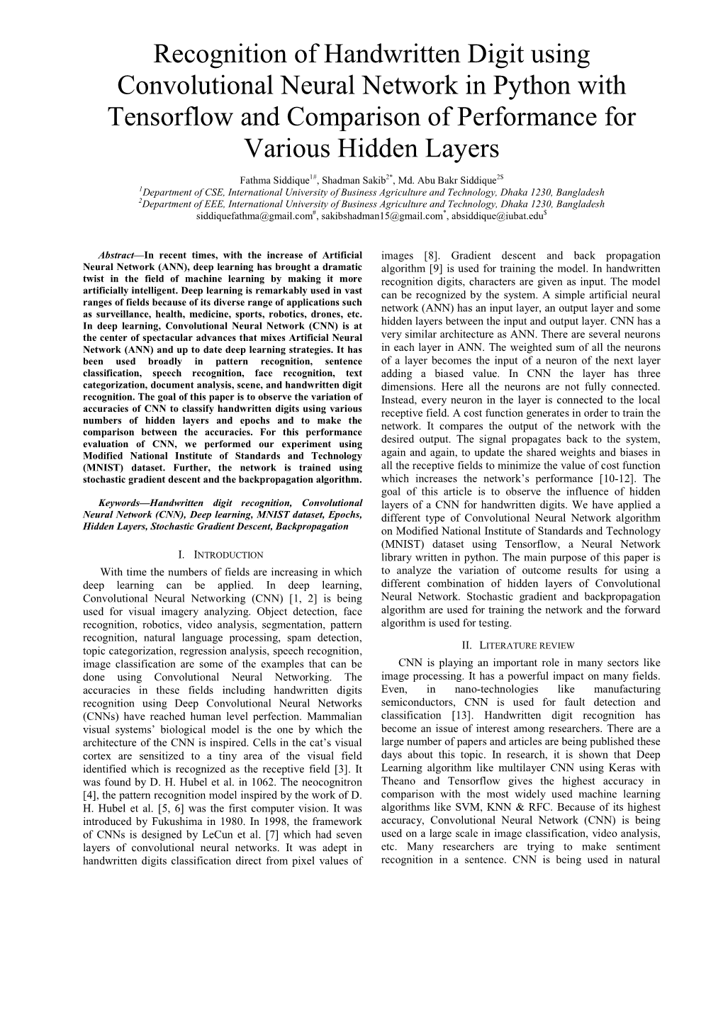 Recognition of Handwritten Digit Using Convolutional Neural Network in Python with Tensorflow and Comparison of Performance for Various Hidden Layers