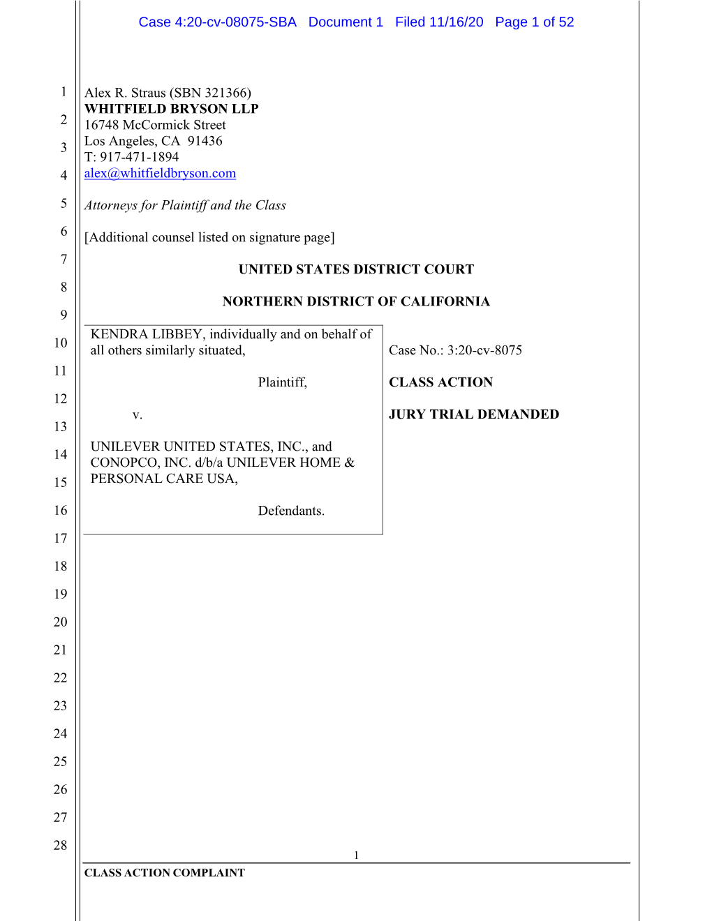 SBN 321366) WHITFIELD BRYSON LLP 2 16748 Mccormick Street 3 Los Angeles, CA 91436 T: 917-471-1894 4 Alex@Whitfieldbryson.Com