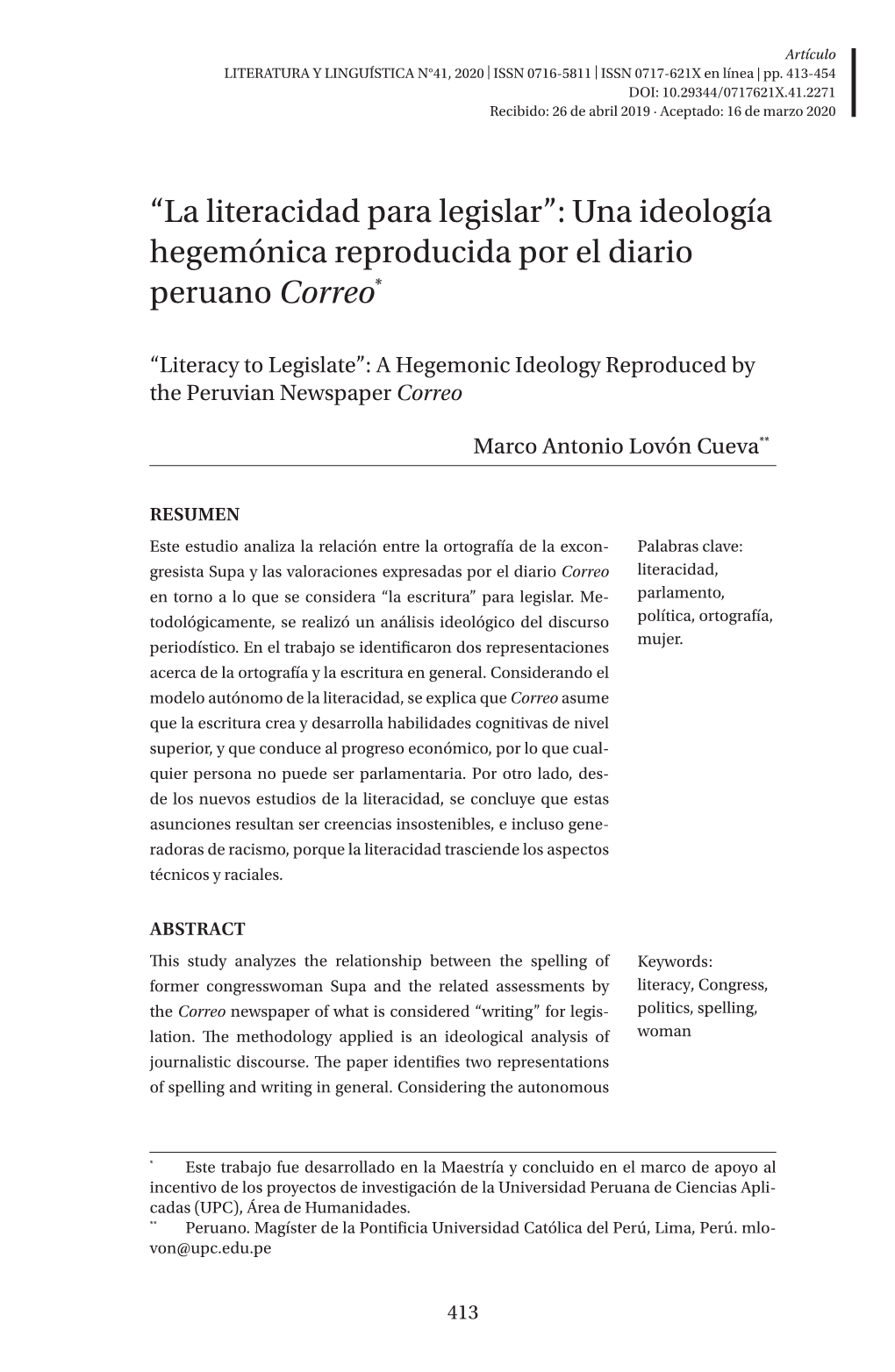 “La Literacidad Para Legislar”: Una Ideología Hegemónica Reproducida Por El Diario Peruano Correo*1